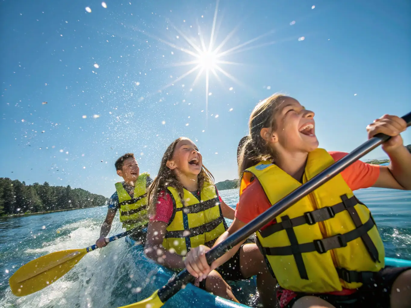 A vibrant image of children participating in a beginner sailing lesson, with instructors nearby providing guidance and support, set against the backdrop of a sunny day on Lake Pareloop.