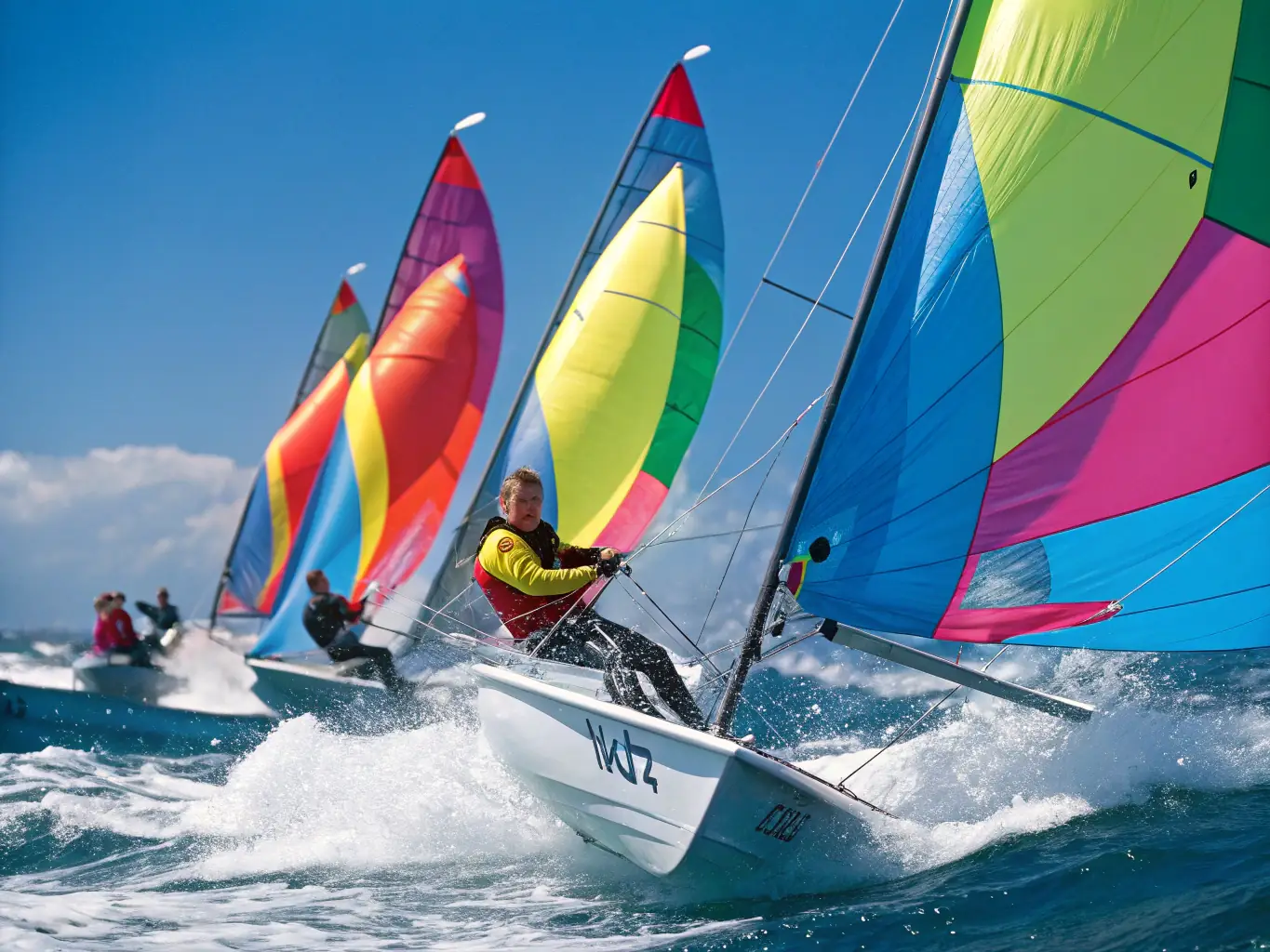 An action shot of an advanced sailing team participating in a regatta, with colorful spinnakers and focused crew members, showcasing teamwork and skill.