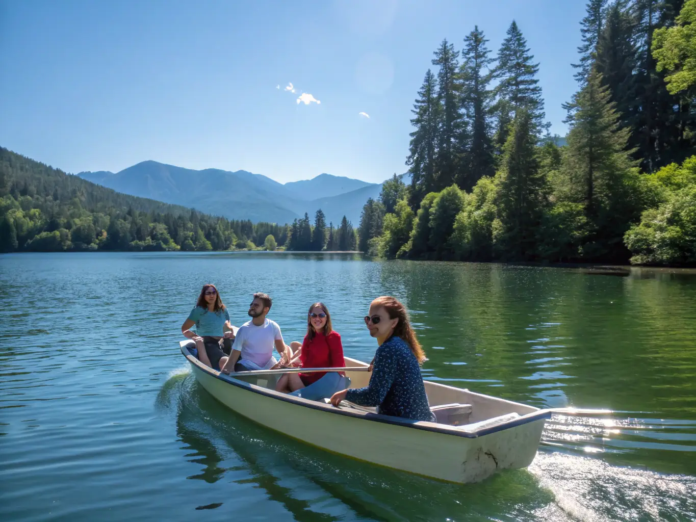 A picturesque image of a group of people enjoying a leisurely sailing trip on a larger sailboat, with scenic views of the Pareloop lake and surrounding landscape.