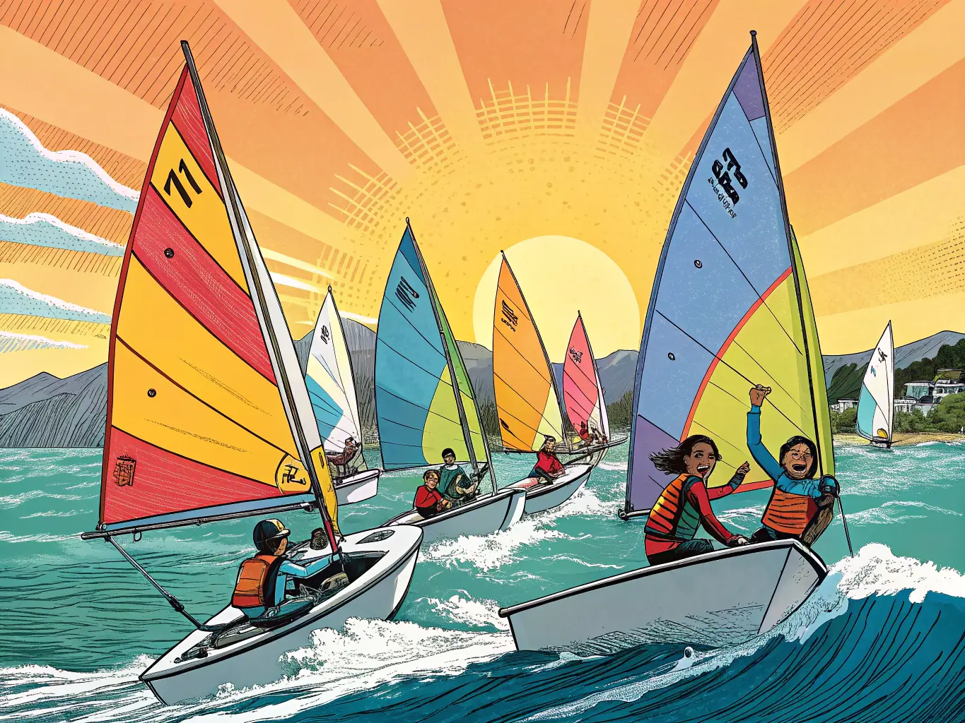 A dynamic shot of advanced sailors racing sailboats on Lake Pareloop, showcasing speed, skill, and competitive spirit.