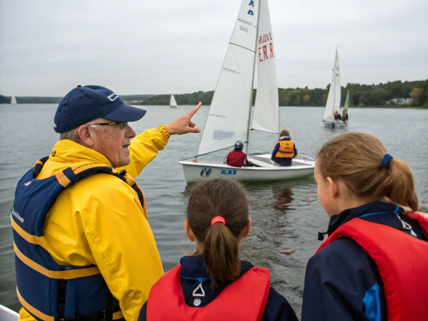 A vibrant image of a beginner sailing class with several small sailboats on a calm lake, instructors nearby providing guidance, under a sunny sky.