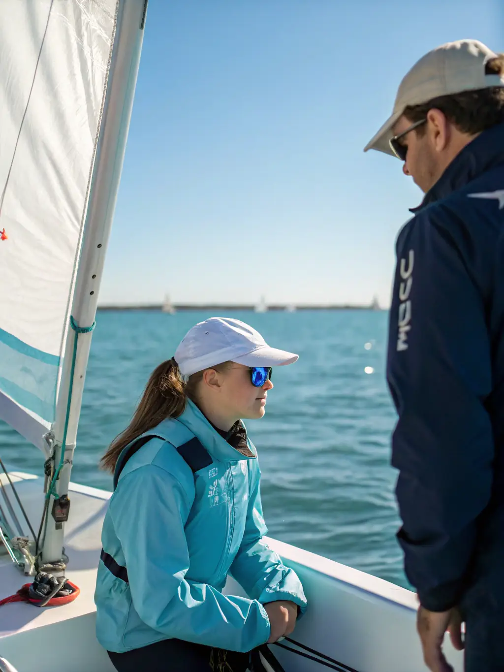 An experienced sailing instructor demonstrating advanced techniques to a student on a sailboat, emphasizing the quality of instruction at CYVP.